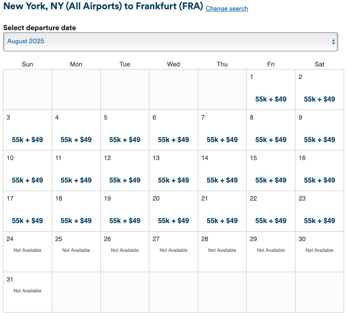 JFK FRA Alaska Condor fare calendar