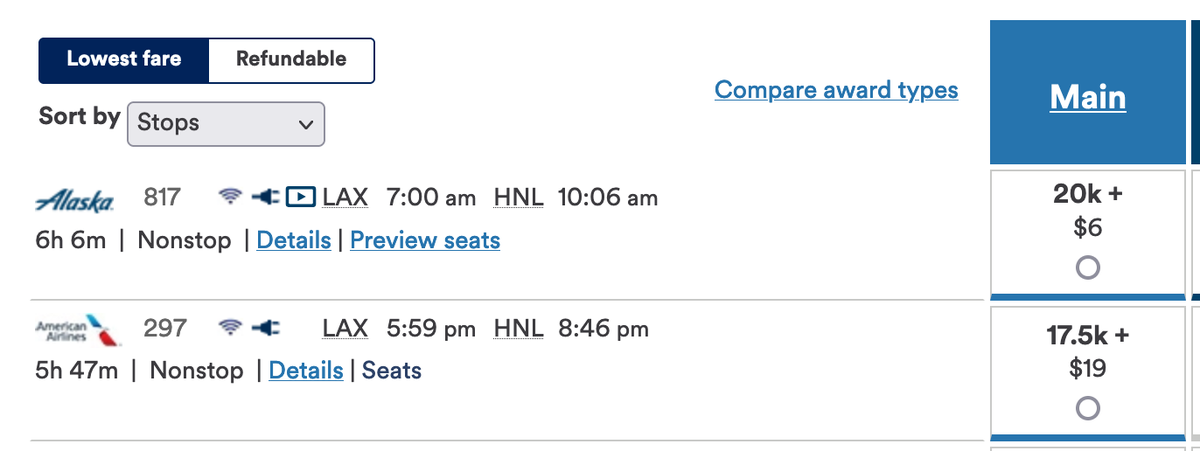 LAX HNL Alaska award rate