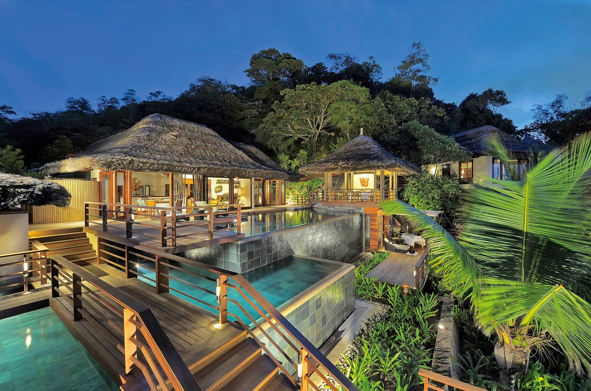 Leading Hotels of the World Constance Lemuria Seychelles Presidential Villa at night