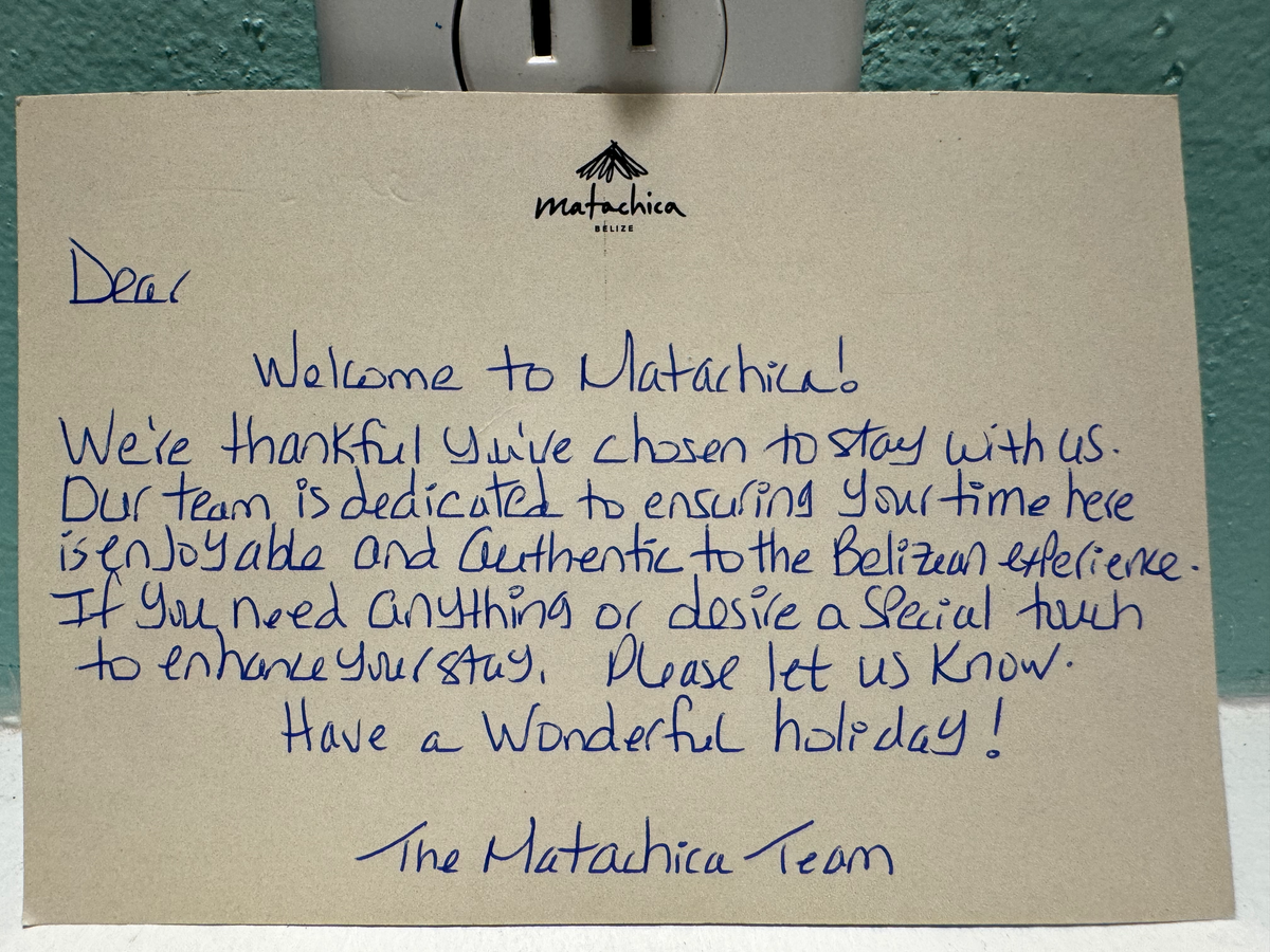 Matachica Resort Belize Mr Mrs Smith welcome note