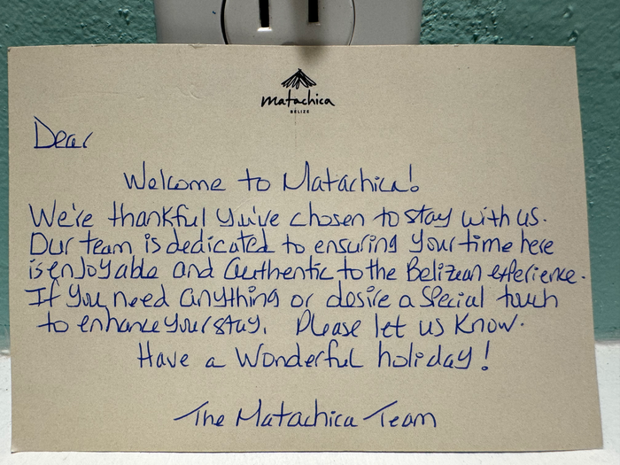Matachica Resort Belize Mr Mrs Smith welcome note