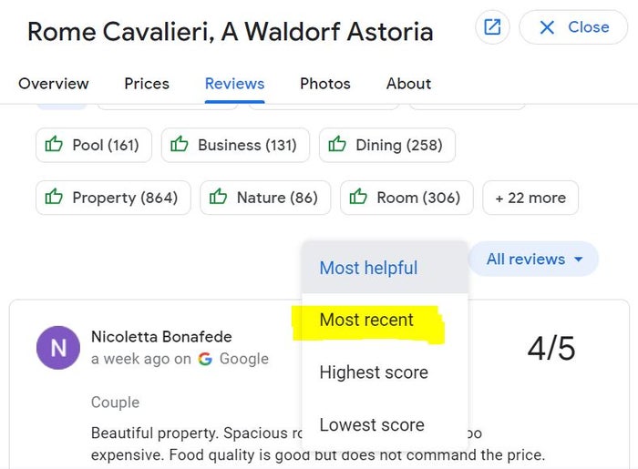 Most recent Reviews filtered by most recent