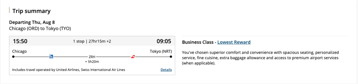 ORD ZRH NRT award space via Aeroplan