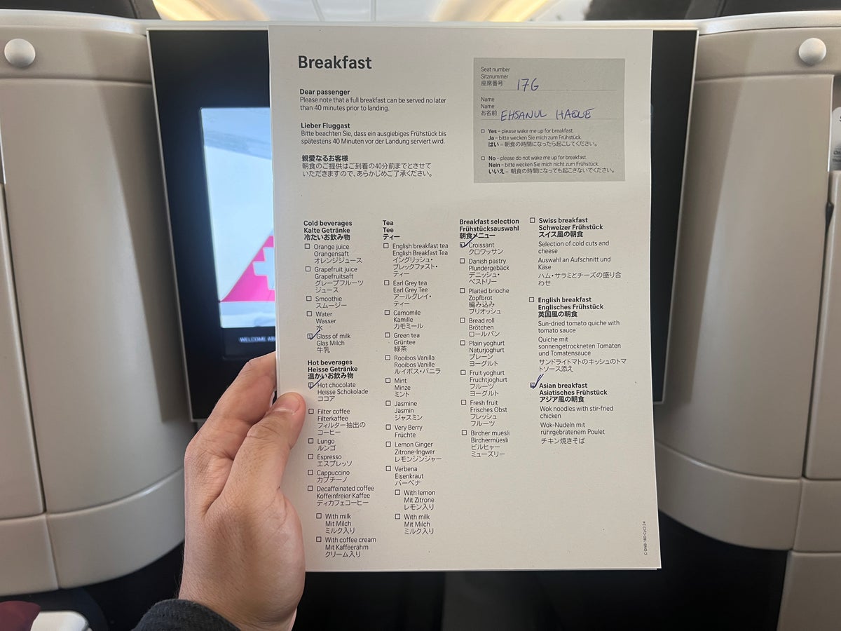 Swiss 777 business class breakfast checklist menu