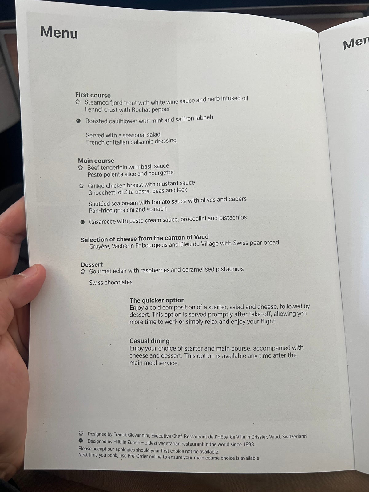 Swiss 777 business class menu