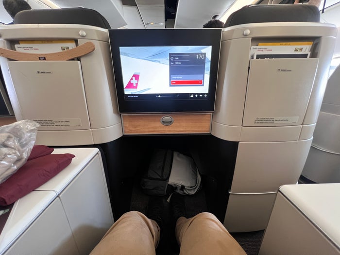 Swiss Air business seat view Swiss 777 business class seat view