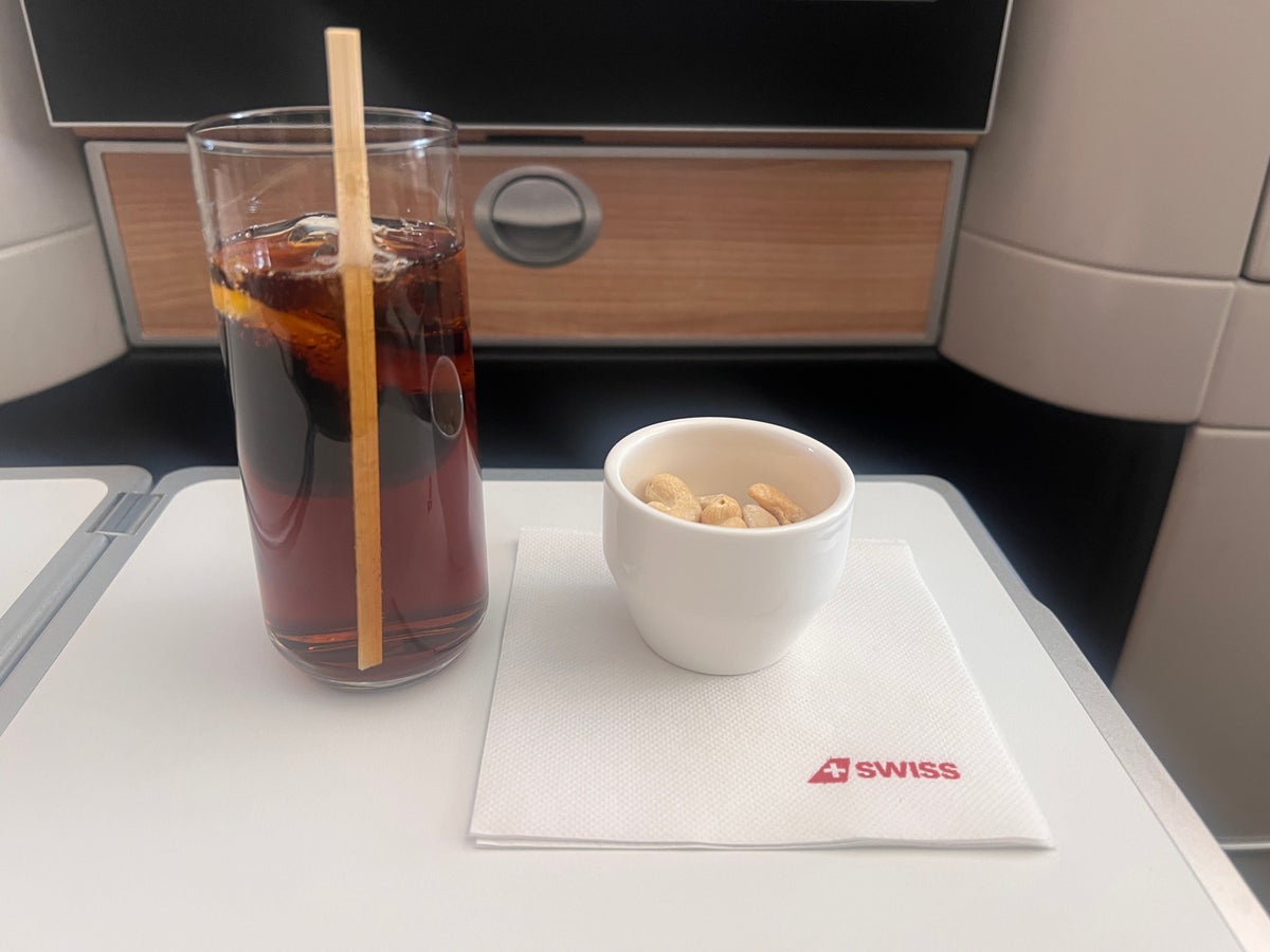 Swiss 777 business class welcome snacks and drinks