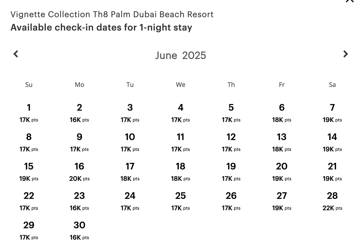 Th8 Palm Beach Resort points calendar