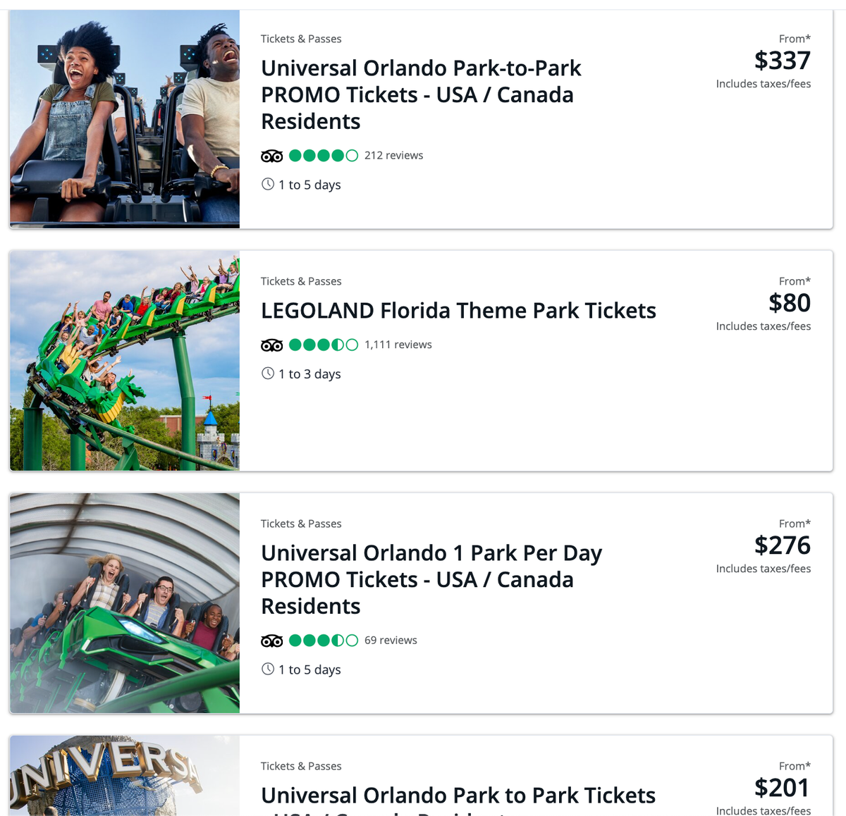 Universal Legoland tickets in Chase Travel portal