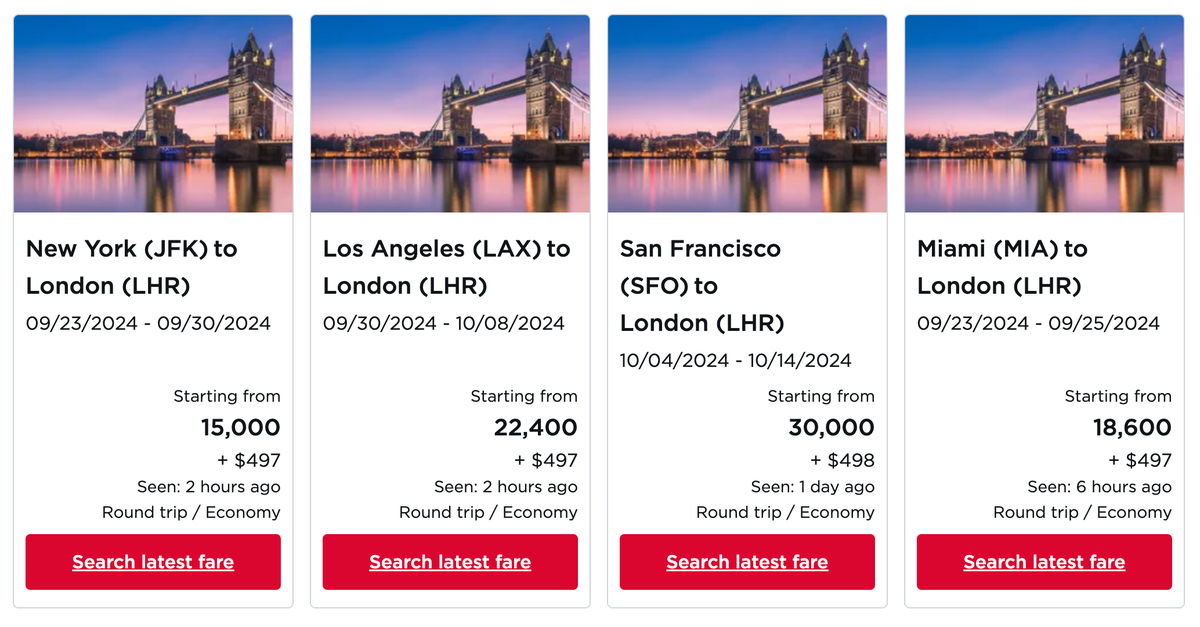 Virgin Atlantic award sale JFK LAX SFO MIA