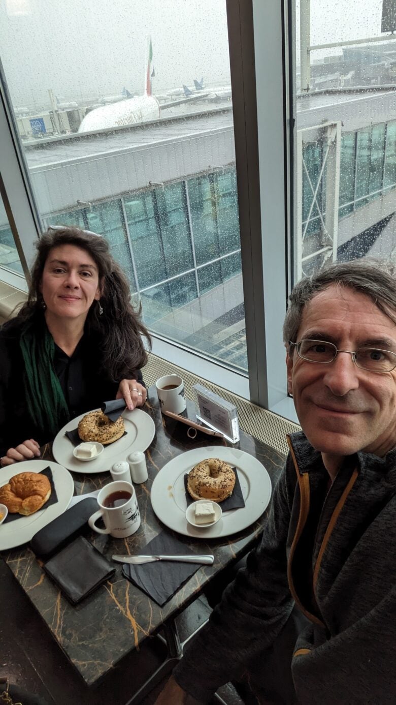 Alberto and his wife in the Virgin Atlantic Clubhouse lounge, New York JFK