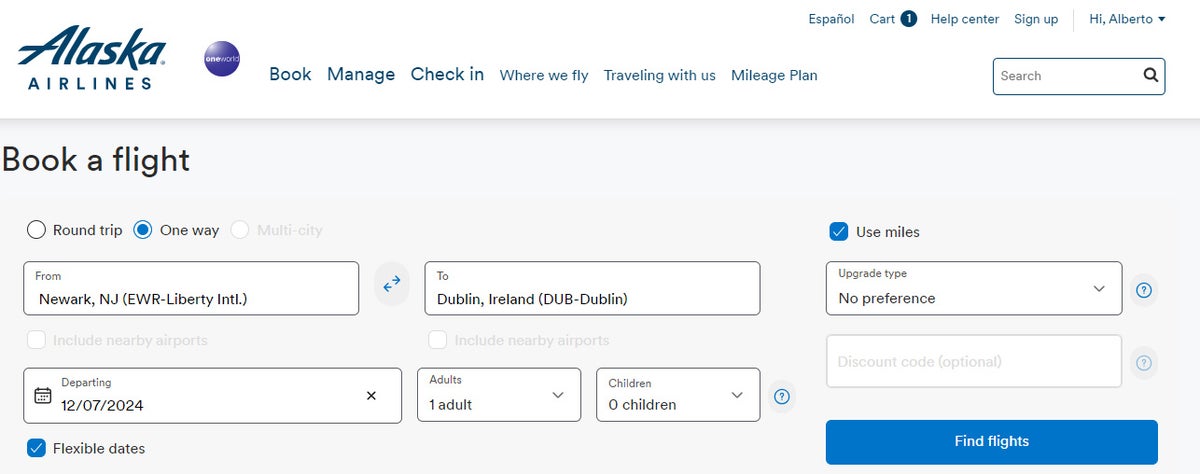 Alaska Airlines Award Fares Screen