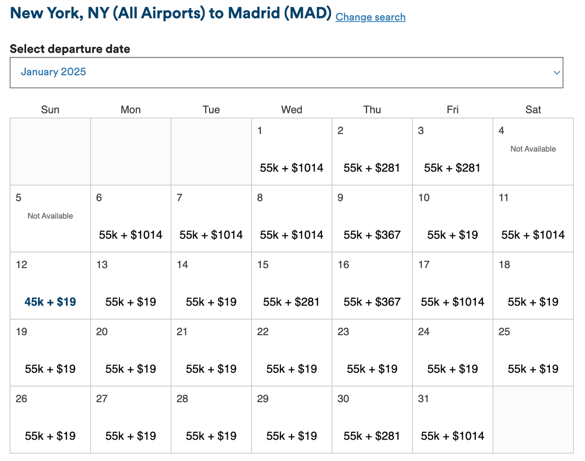 Alaska award chart calendar JFK MAD January 2025