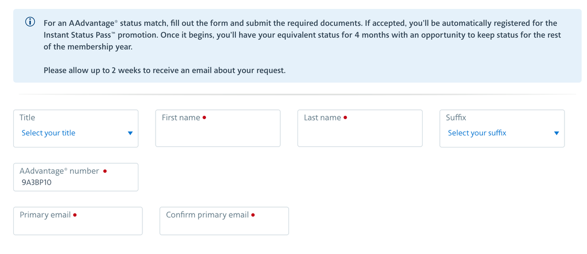 American Airlines Instant Status Match promotion form