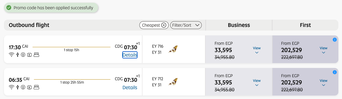 Amex Etihad discount CAI AUH CDG business first class