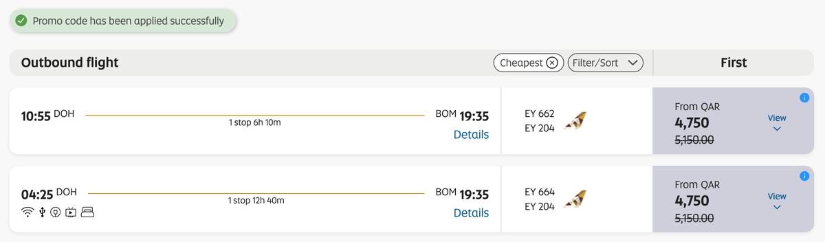 Amex Etihad discount DOH AUH BOM first class options