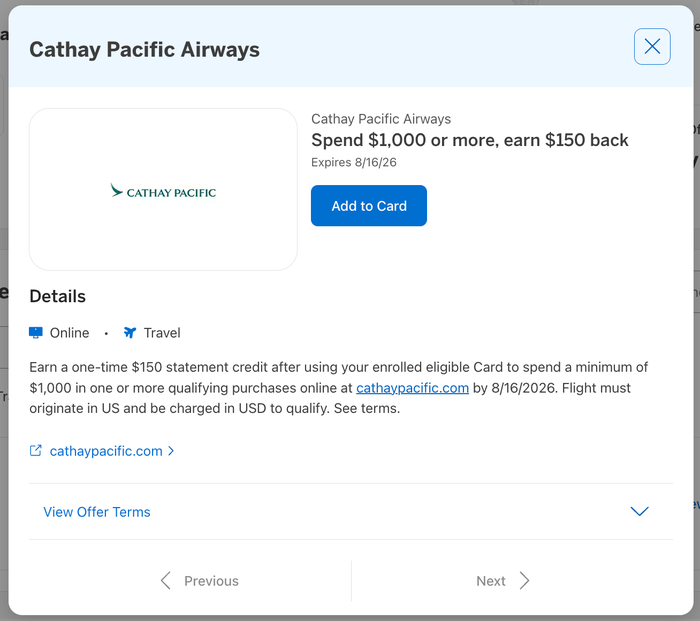 Amex Offer Cathay Pacific July 2026