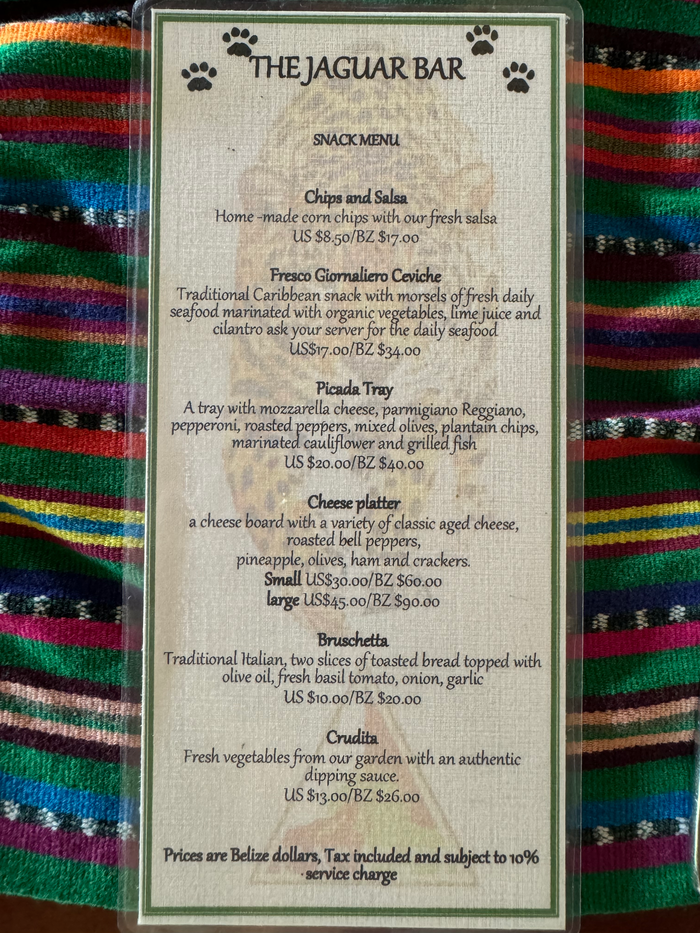 Blancaneaux Lodge Belize Mr Mrs Smith Jaguar Bar snack menu Blancaneaux Lodge Belize Mr Mrs Smith Jaguar Bar snack menu