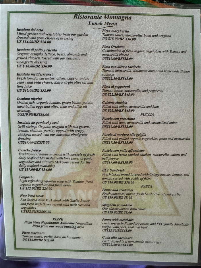 Blancaneaux Lodge Belize Mr Mrs Smith Ristorante Montagna lunch menu Blancaneaux Lodge Belize Mr Mrs Smith Ristorante Montagna lunch menu
