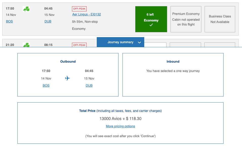 British Airways Avios redemption Aer Lingus BOS DUB