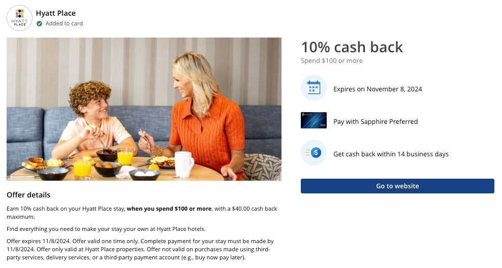 Chase Offer Hyatt Place October 2024