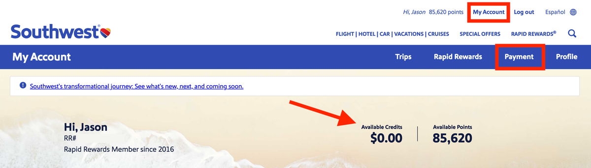 Check your Southwest Airlines flight credits