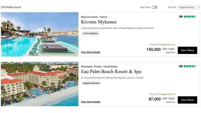 Choice Privileges Preferred Hotels highest award cost 87000 Choice privileges preferred hotels rates