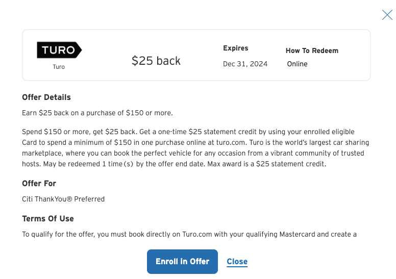 Citi Merchant Offer Turo October 2024