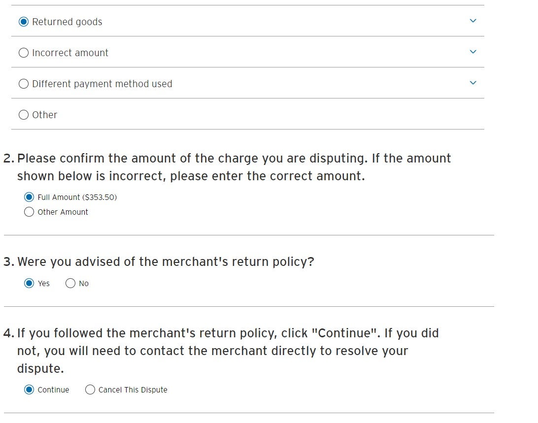 Citi returned goods dispute questions