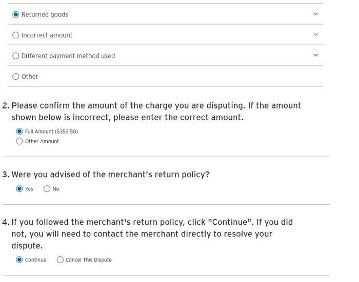 Citi returned goods dispute questions