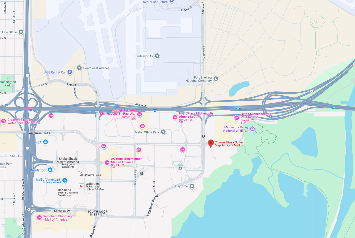 Crowne Plaza Suites MSP Airport Mall of America location. Google Maps