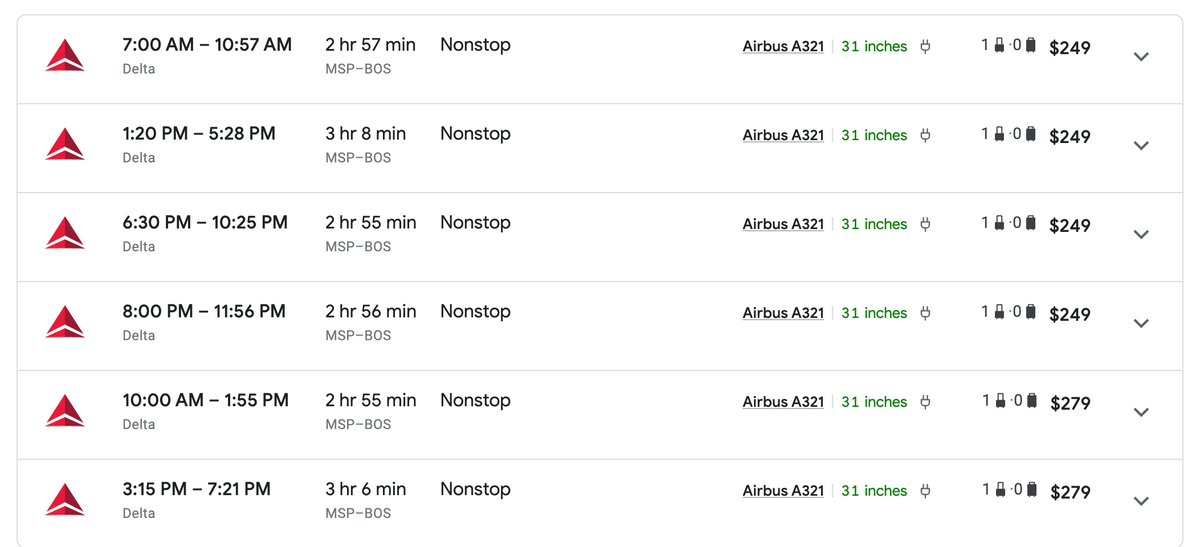 Delta flights MSP-BOS prices