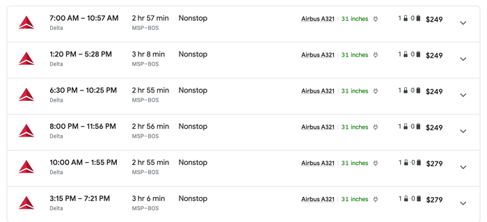 DL MS BOS Delta flights MSP-BOS prices