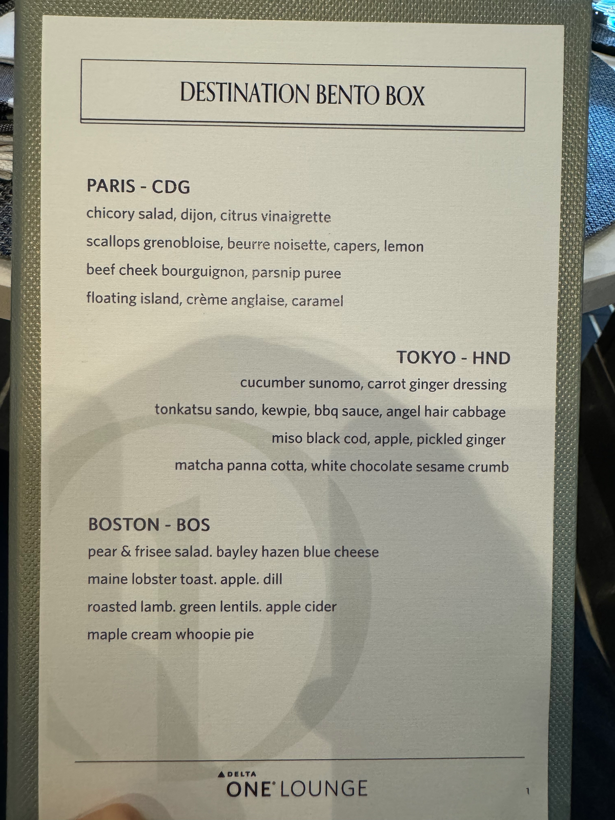 Delta One Lounge LAX Dining Room bento box menu