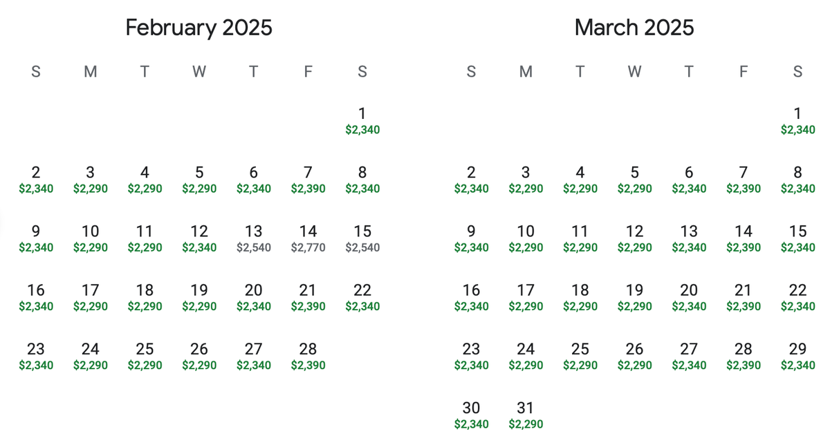 EWR PER fare calendar