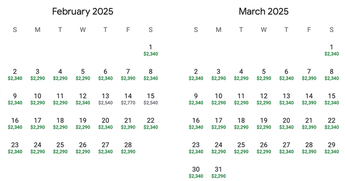EWR PER fare calendar