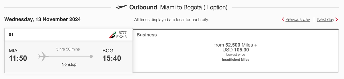 Emirates MIA BOG screenshot