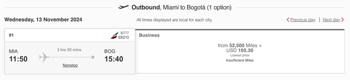Emirates MIA BOG screenshot Emirates MIA BOG screenshot