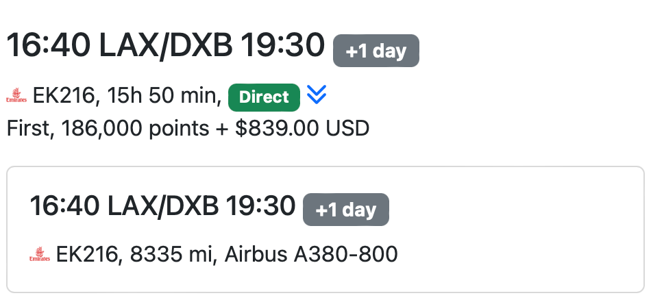 Emirates first class award cost