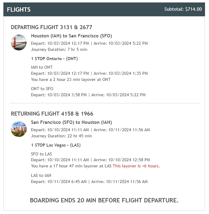 Frontier IAH to ONT booking itinerary