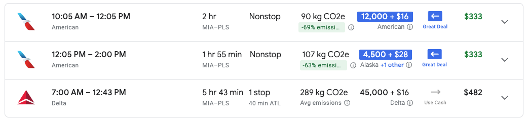 Google Flights Cash vs Miles cost