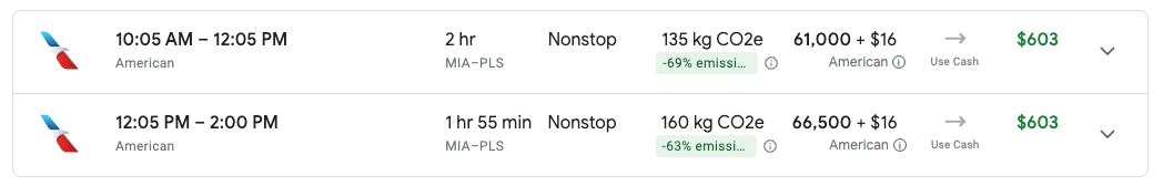 Google flights cash vs points biz class