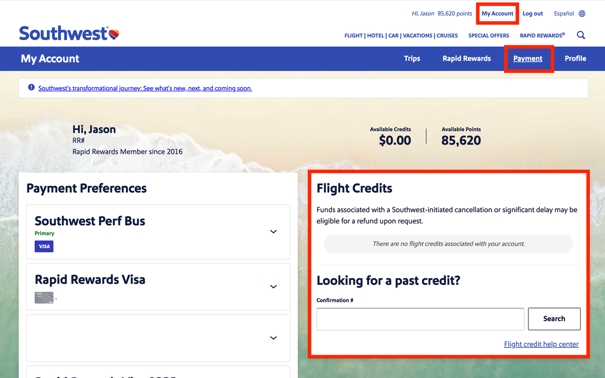 How to find Southwest flight credits