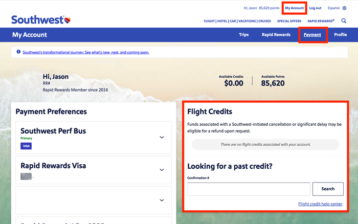 How to find Southwest flight credits