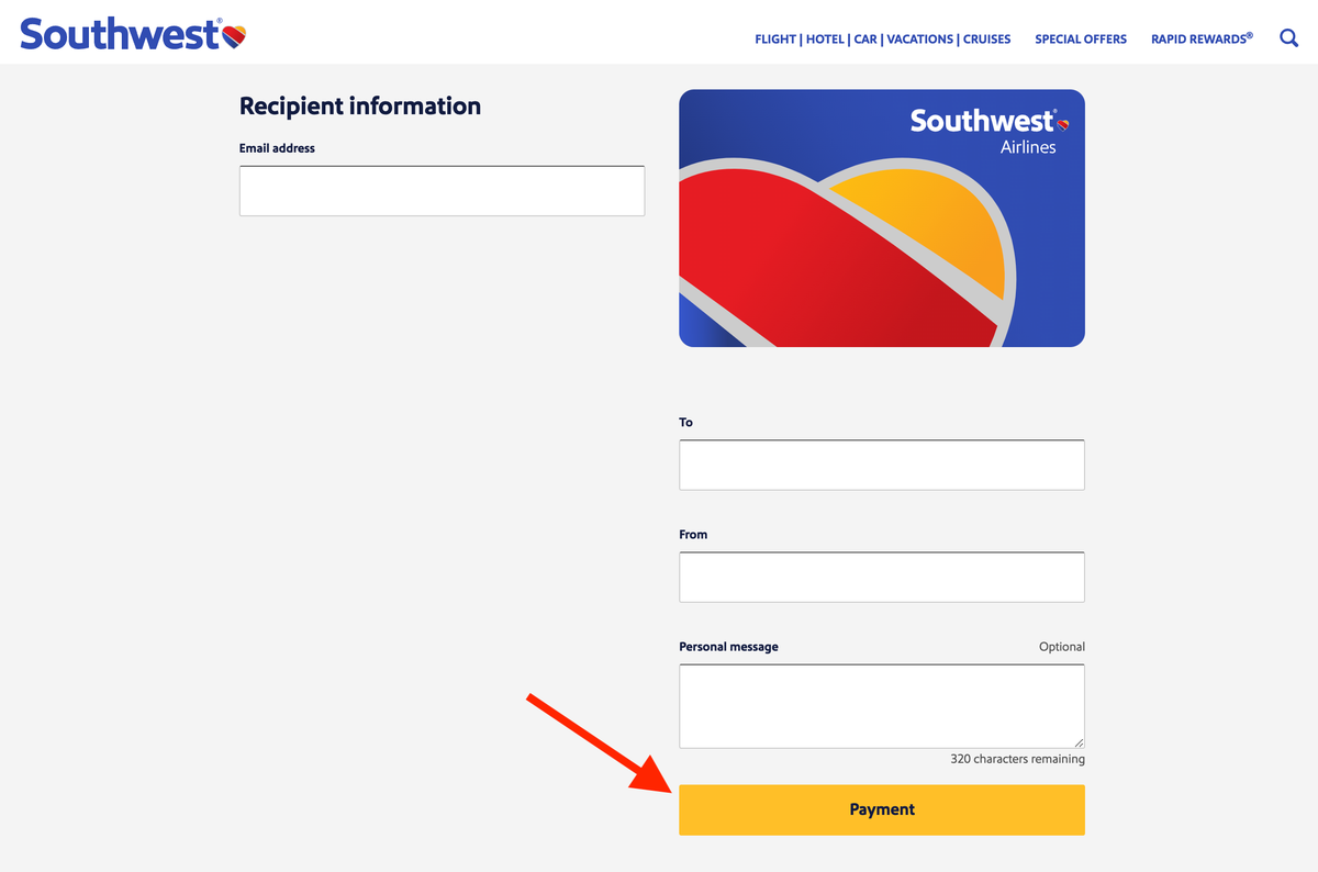 How to pay for a Southwest gift card