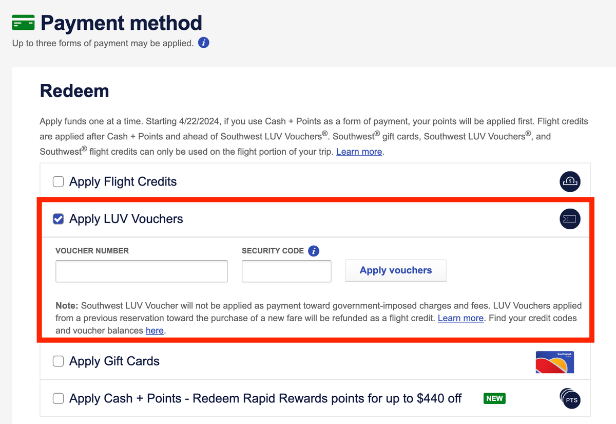 How to pay with a Southwest LUV Voucher