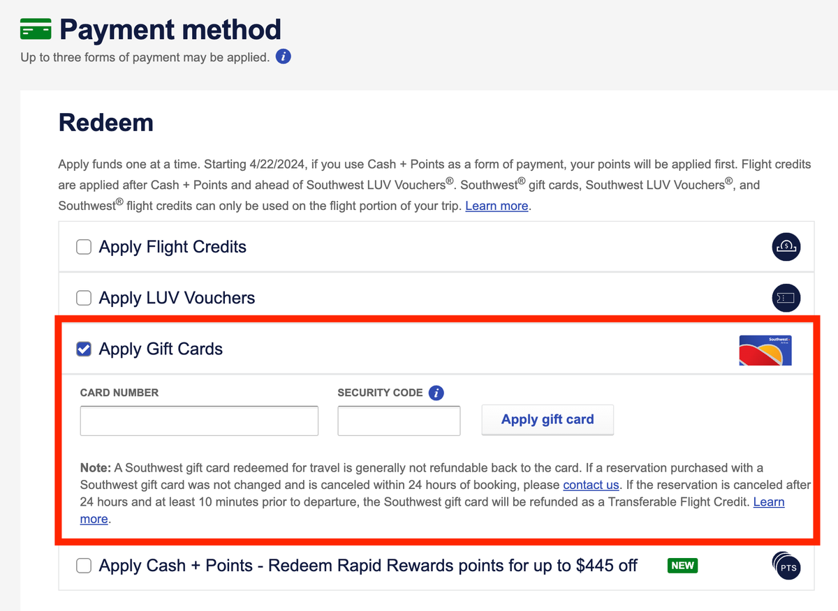 How to use gift cards on southwest flights