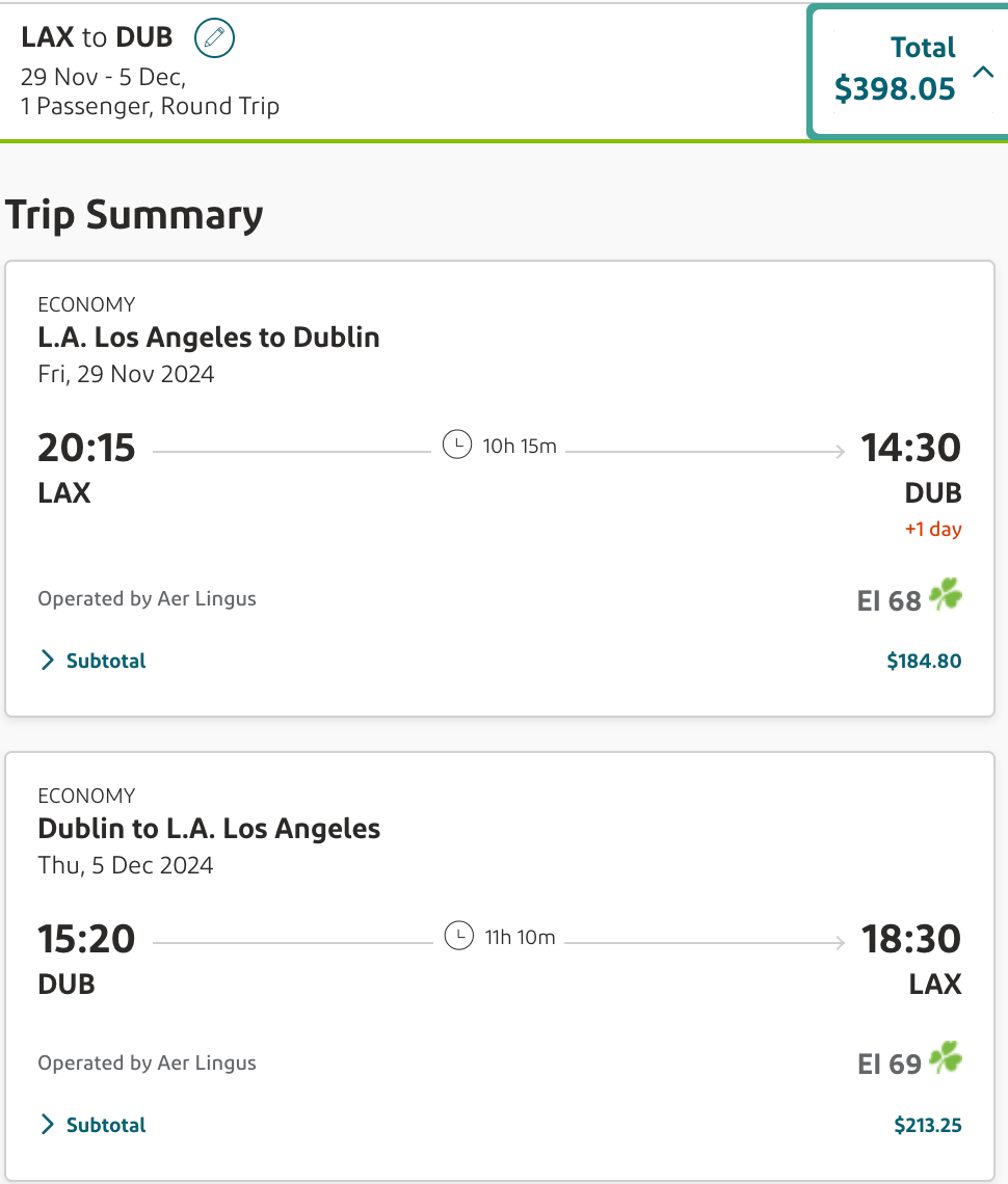 Los Angeles to Dublin with Aer Lingus