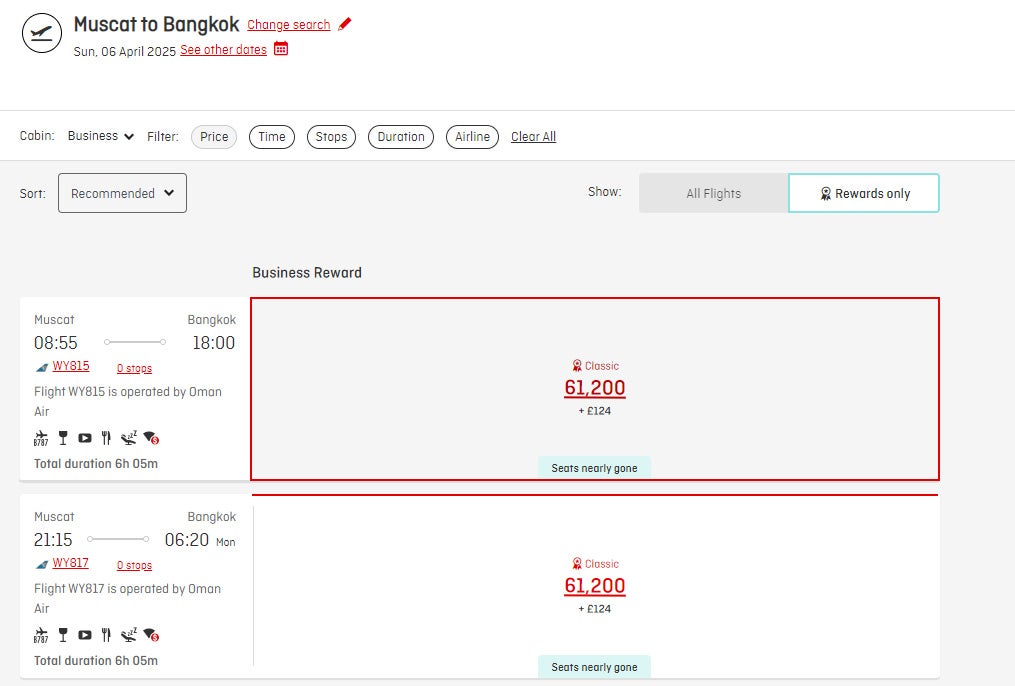 Qantas points for Oman Air flight MCT-BKK in business class