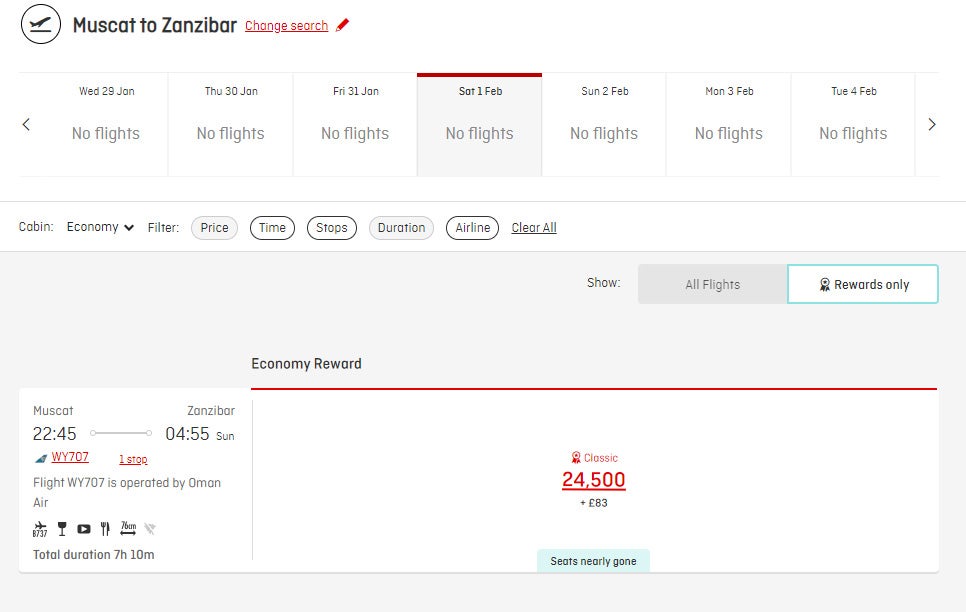 Qantas points for Oman Air flight MCT-ZNZ in economy